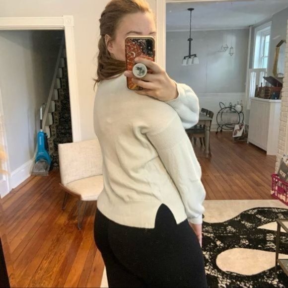 THEORY CASHMERE CREW NECK PUFF BALLOON SLEEVE PALE BLUE SPLIT HEM SWEATER M - Picture 3 of 8